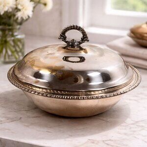 Vintage Silver-Plated Covered Serving Bowl With Ornate Handle & Rope Trim